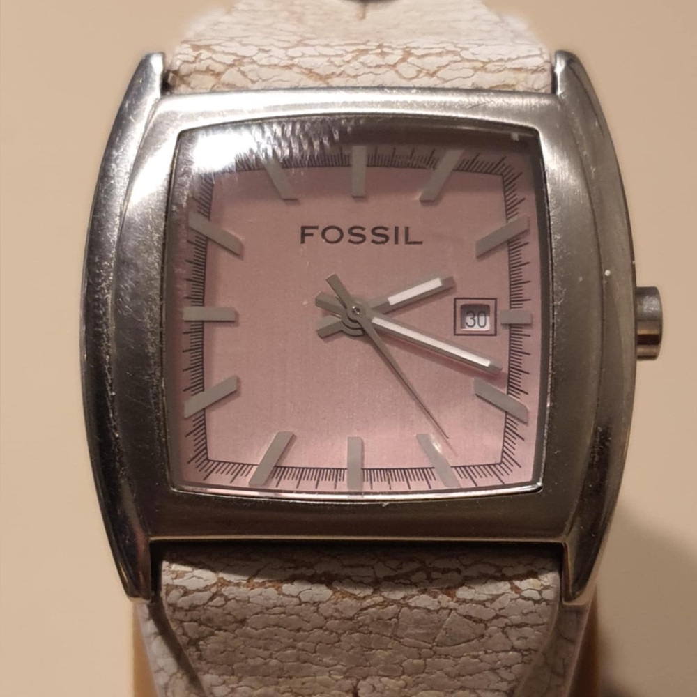 Vintage Fossil JR8481 Silver/Pink Wideband Leather Women's Watch w/Date